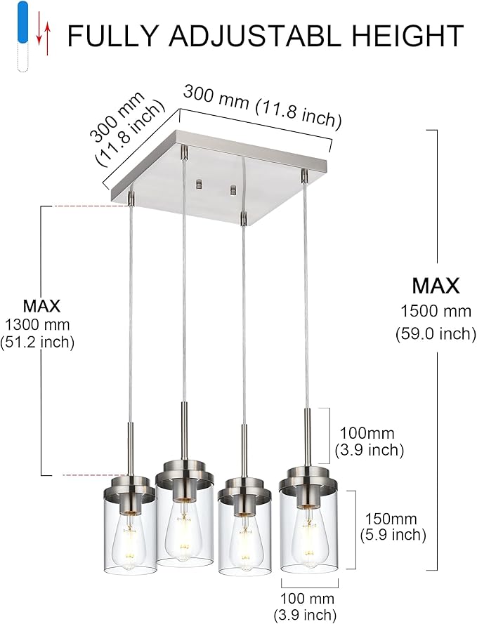 MELUCEE 4-Light Hanging Pendant Light Fixtures with Clear Glass Shade, Brushed Nickel Modern Chandelier Dining Room Light Fixtures Over Table Kitchen Island Lighting, Height Adjustable