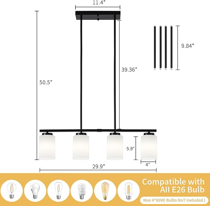 4-Light Modern Island Lights for Kitchen, Black Dining Room Light Fixtures Farmhouse Linear Chandeliers Over Table, White Frosted Glass Adjustable Hanging Light Kitchen Pendant Lighting Over Island