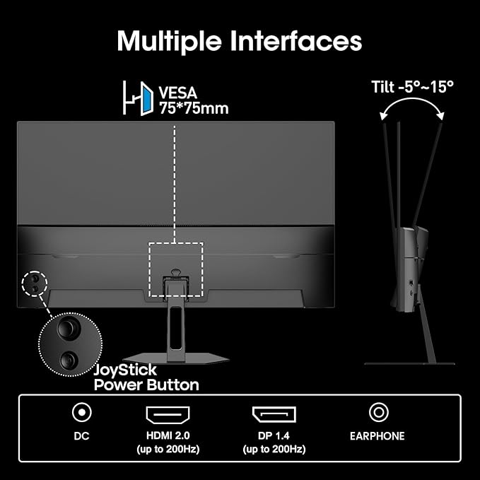 Amzfast 24 Inch Gaming Monitor 180Hz 200Hz FHD 1080p Computer Monitor, 1ms Adaptive Sync, 3000:1, 129% sRGB HDR Display, Eye Care VESA 75x75 Metal Stand HDMI 2.0 | DP 1.4, AMZG24X1