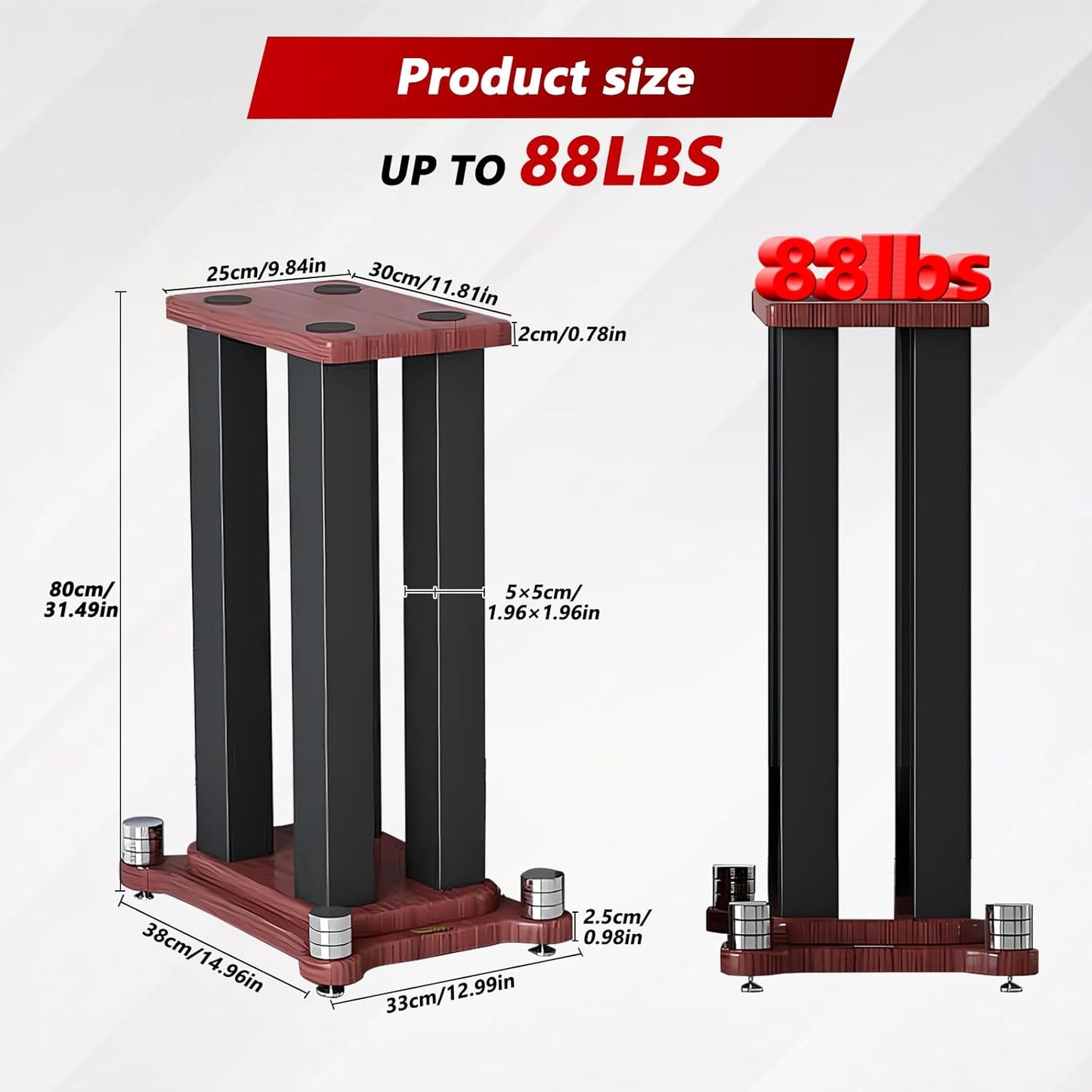 A Pair of Universal Speaker Stands, Heavy Duty Speaker Stands Holds Bookshelf Speaker Satellite Speaker Large Speaker, Vibration-Absorbing MDF Design, Holds 88lbs Speaker (Teak, 80cm/31.4in)