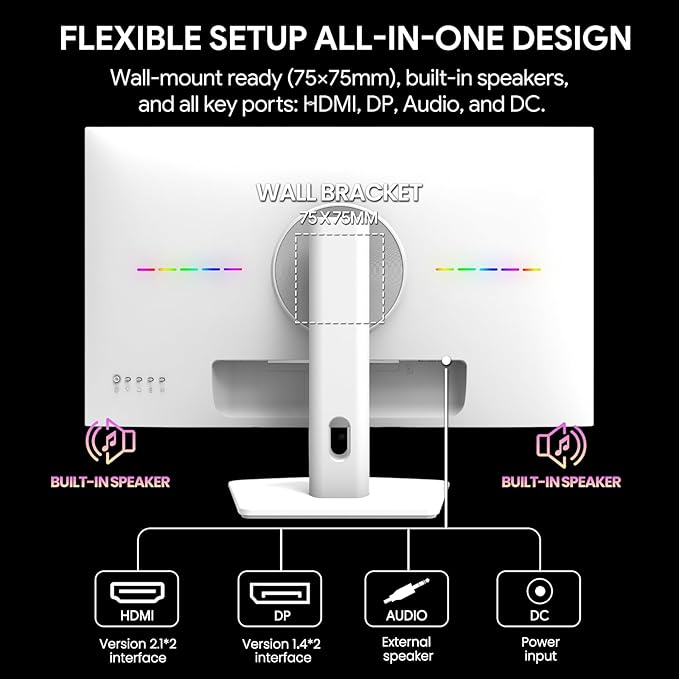 CRUA 27 Inch Gaming Monitor 360HZ, 2K QHD 2560x1440 IPS Panel White Computer Monitors with Built in Speakers, Support AMD FreeSync, 120% sRGB, Blue Light Filter, DP1.4 & HDMI2.1, Wall Mountable