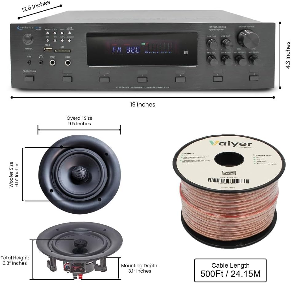 Vaiyer Home Audio System Kit, 6-Channel 6000 Watts Bluetooth Amplifier with 6.5" 12 QTY of 200 W Each Frameless in-Ceiling Speakers & 16 AWG 500 ft. Speaker Wire - Perfect for Home, Office, Restaurant