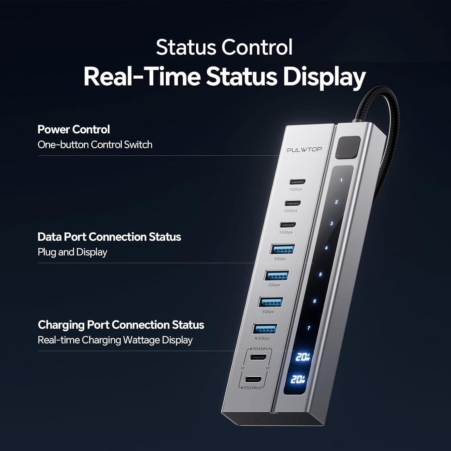 Powered USB C Hub, PULWTOP 11-in-1 Power Hub with SD/TF, 2*USB-C 10Gbps, 4*USB-A 5/10Gbps and 2 * 24/45W Type-C PD Charging Ports (Not Support Video), USB Powered Hub 72W DC Adapter Included