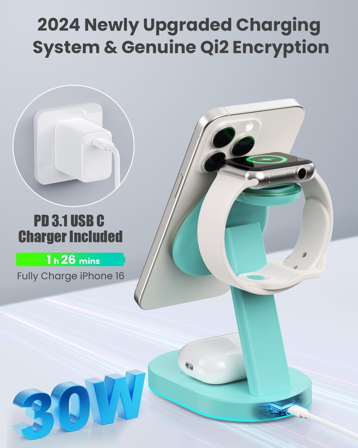 3 in 1 Wireless Charger Charging Station for iPhone,Qi2 Certified 15W Magnetic Charging Stand for Mag-Safe with 30W USB C Adapter&Friendly Night Light for iPhone 16/15/14/13/12,Apple Watch,AirPods
