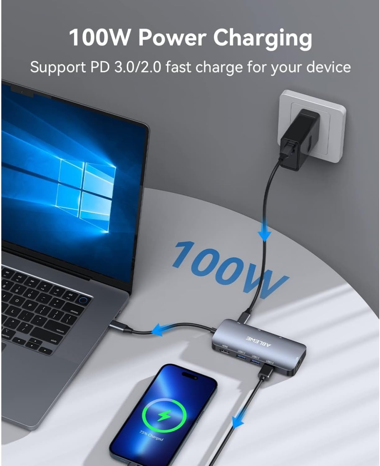 ABLEWE USB C Hub Ethernet, 8 in 1 Multiport USB C to HDMI Adapter 4K@60Hz,1000Mbps, 100W PD, SD/TF Card Reader, 3 USB 3.0 Ports, Docking Station Compatible for MacBook, Tablet, Phone, Type C Devices