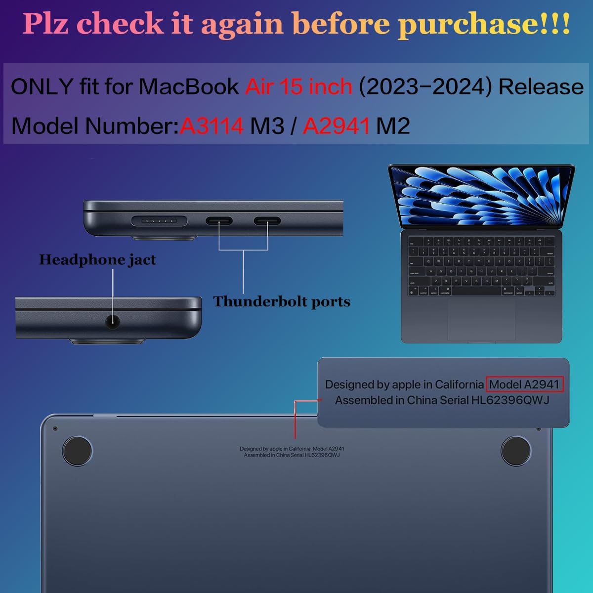 【CASE for MacBook Air 15 INCH】 - Only Compatible with M3 M2 MacBook Air 15 inch 2023 2024 Release with Liquid Retina Display & Touch ID, Model: A3114/A2941.