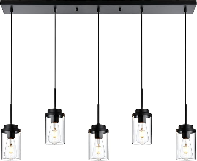 MELUCEE Kitchen Island Lighting Modern 5 Lights Linear Chandeliers for Dining Room, Industrial Black Pendant Light Fixtures Ceiling Hanging with Clear Glass Shade, 37 Inches Length