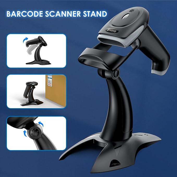 Eyoyo 2D 1D Wireless Barcode Scanner with Stand, 3-in-1 Barcode Reader 2.4G Wireless & Bluetooth & Wired USB Connection, Handheld QR Scanner Compatible with iPhone, Mac, Android, Store, Warehouse...