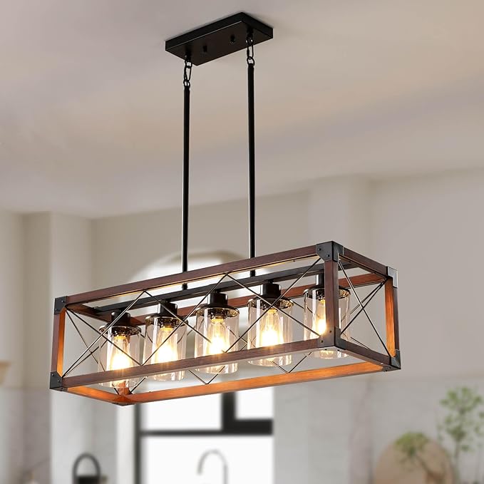 Rustic Hanging Lights Fixture Farmhouse Chandeliers for Dining Room Kitchen Island Light Fixtures 5-Light Wood Chandelier Over Dining Table with Clear Glass Shade-Walnut
