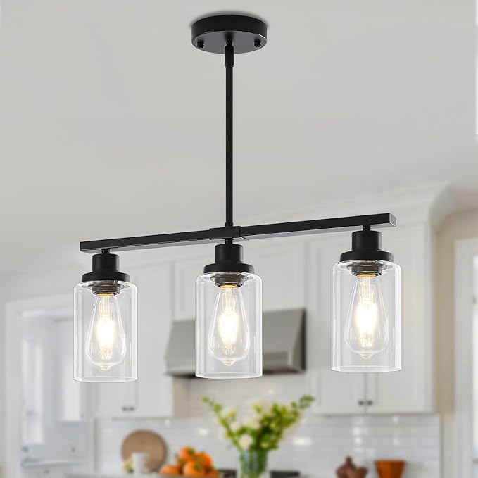 Modern Island Lights for Kitchen Black Dining Room Light Fixtures Over Table 3-Light Farmhouse Linear Chandelier Clear Glass Kitchen Lights Ceiling Adjustable Hanging Pendant Lighting Over Island