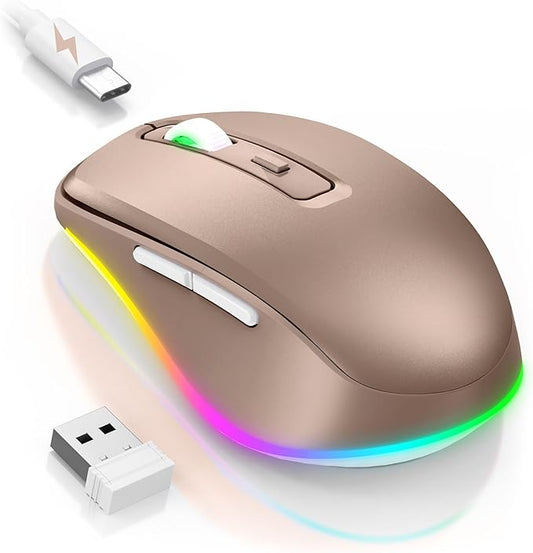 PEIOUS Wireless Mouse Jiggler - LED Wireless Mice with Build-in Mouse Mover, Rechargeable Moving Mouse for Laptop with Undetectable Random Movement Keeps Computers Awake - Gold