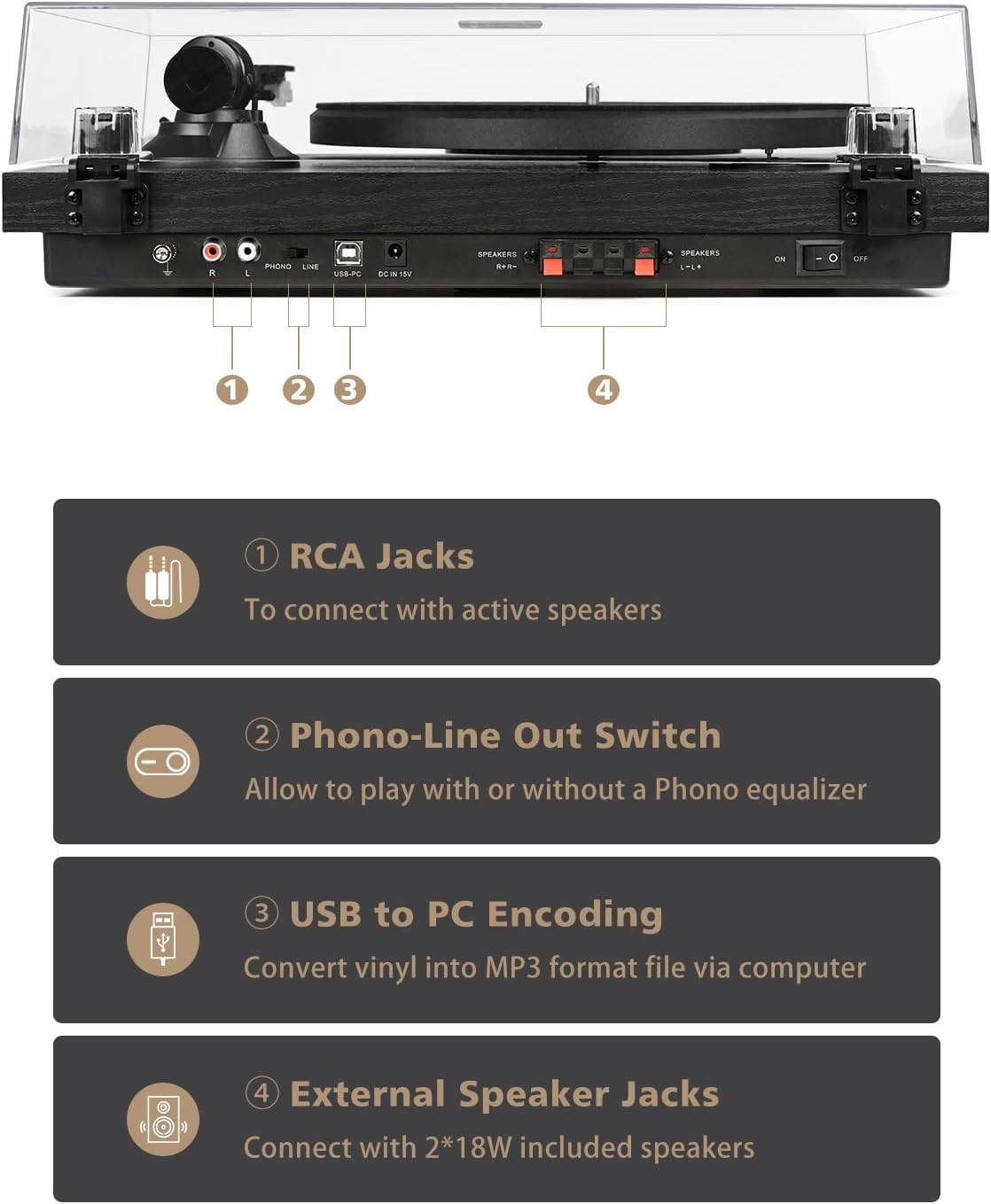 Record Player Vinyl Bluetooth Turntable with 36 Watt Stereo Bookshelf Speakers, Hi-Fi System with Magnetic Cartridge, USB Recording and Auto Stop