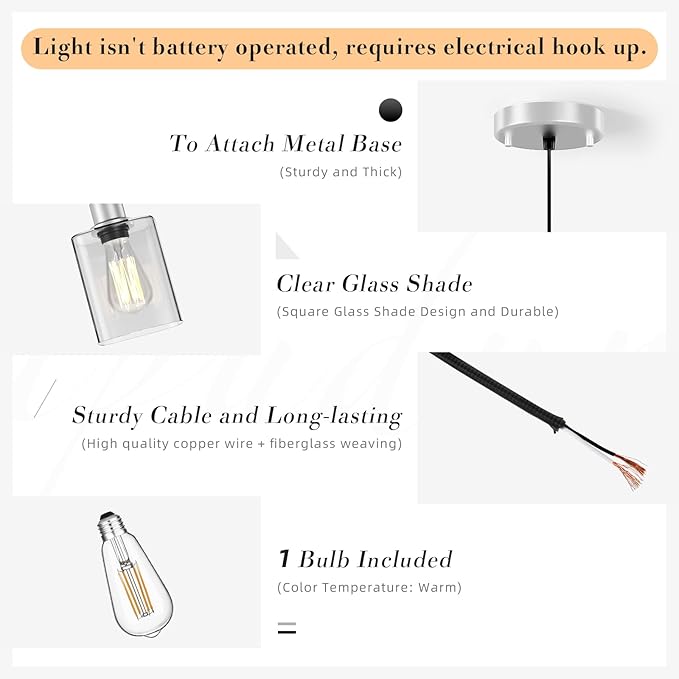 Pendant Light Kitchen Island Lighting 2 Pcs, with Bulb & Clear Glass Shade - 59 Inch Hanging Cord Farmhouse Hanging Lighting Fixture for Dining Room Bedroom Hallway - Brushed Nickel