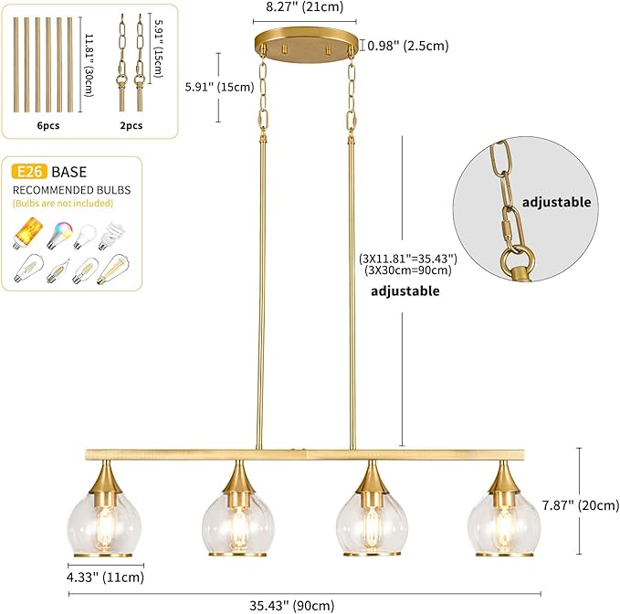 Island Light for Kitchen, 4-Light Gold Kitchen Island Linear Hanging Pendant Chandeliers, Brushed Gold Dining Room Light Fixture Over Table with Clear Round Glass Shades