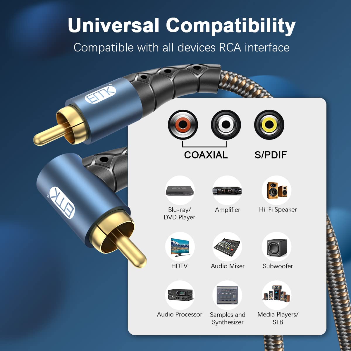 EMK RCA Subwoofer Cable 90 Degree RCA to RCA Audio Cable 24K Gold-Plated Nylon Braided Double Shielded Digital Analogue Supports Amplifiers,Home Theater,Hi-Fi Systems,Subwoofer(3.3ft/1m)