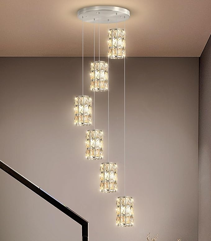 6-Lights Modern Crystal Pendant Lights for Kitchen Island LED Dimmable Glam Pendant Lighting Chandelier for Dining Room Hallway Corner Lamp Nickel