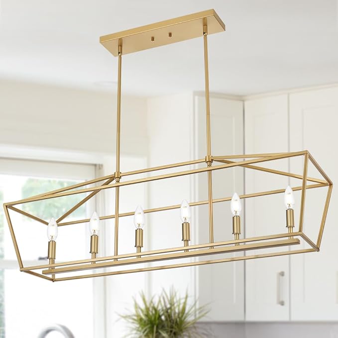 6-Light Kitchen Island Lighting, Gold Linear Chandelier Dining Room Over Table, Rectangle Pendant Light Fixtures Golden Finish for Living Room