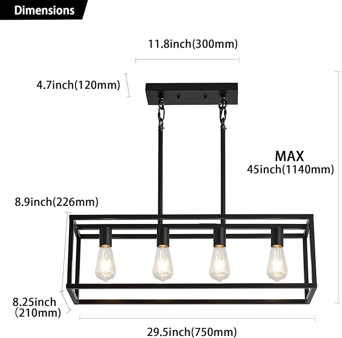XILICON Contemporary Chandeliers Black 4 Light Modern Vintage Dining Room Lighting Fixtures Hanging, Kitchen Island Linear Pendant Lights Farmhouse Flush Mount Ceiling Light