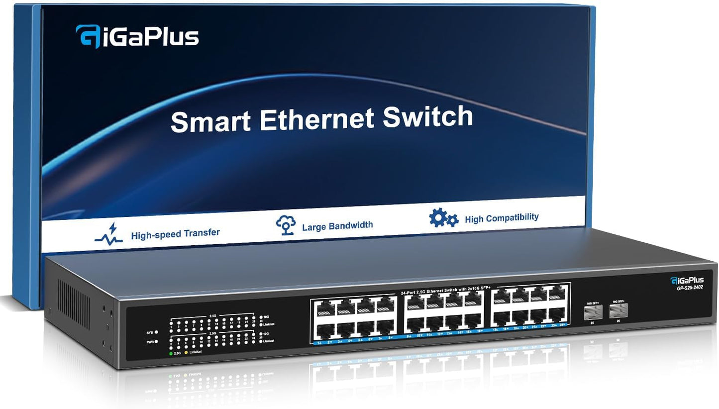 26 Port 2.5Gb Unmanaged Ethernet Switch with 24* 2.5G Base-T Ports, 2* 10G SFP+ Ports. GiGaPlus 2.5Gbps Network Switch for 2.5Gbps NAS/PC, WiFi6 Router, Wireless AP. Fanless Design, Plug and Play