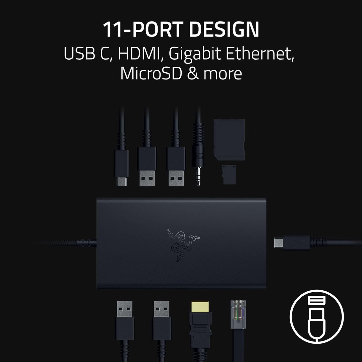 Razer USB C Dock 11-Port Travel Charging Station for Windows Mac Laptop iPad Surface Chromebook Galaxy Tab: Type C, HDMI, Ethernet, MicroSD - 4K 60 Hz Display - 85 W Tablets + Mobile Fast Charge
