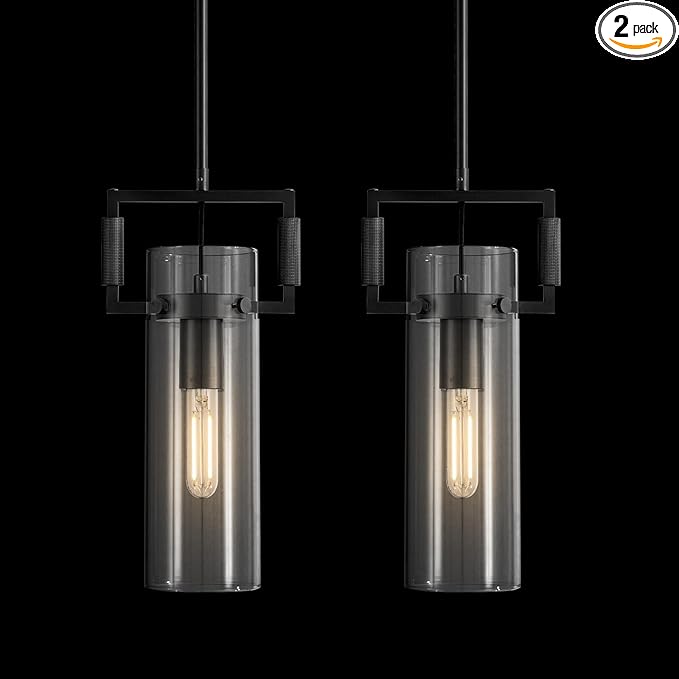 Modern Kitchen Island Pendant Lights 2 Pack,12 Inch Black Farmhouse Pendant with Copper Glass Shade | Hanging Lights for, Bathroom Vanity, Bedroom
