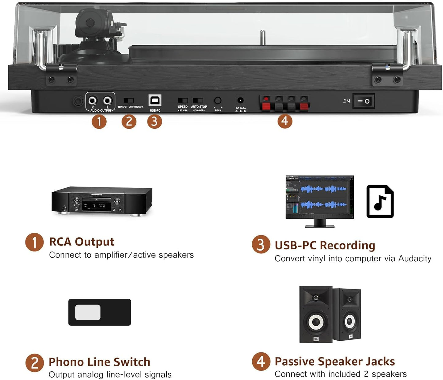 Udreamer Vinyl Record Player, Turntable with 40W Speakers, Bluetooth Input Output and USB Record, Vintage LP Player with AT-3600L Cartridge, Built-in Phono Preamp, Counterweight and Pitch, Black