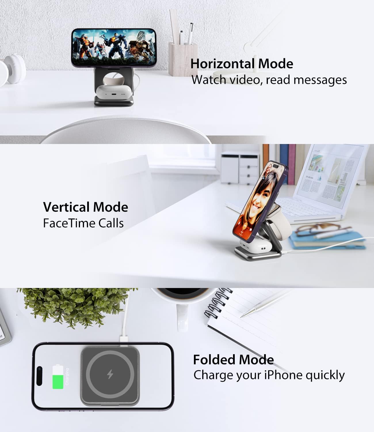 Foldable Magnetic Wireless Charger, KU XIU X40 Aluminum Alloy 3 in 1 Charging Station for Apple, Fast Magnetic Charger Stand for iPhone 16 15 14 13 12 Series, 5W for iWatch, AirPods 3/2/Pro, Gray