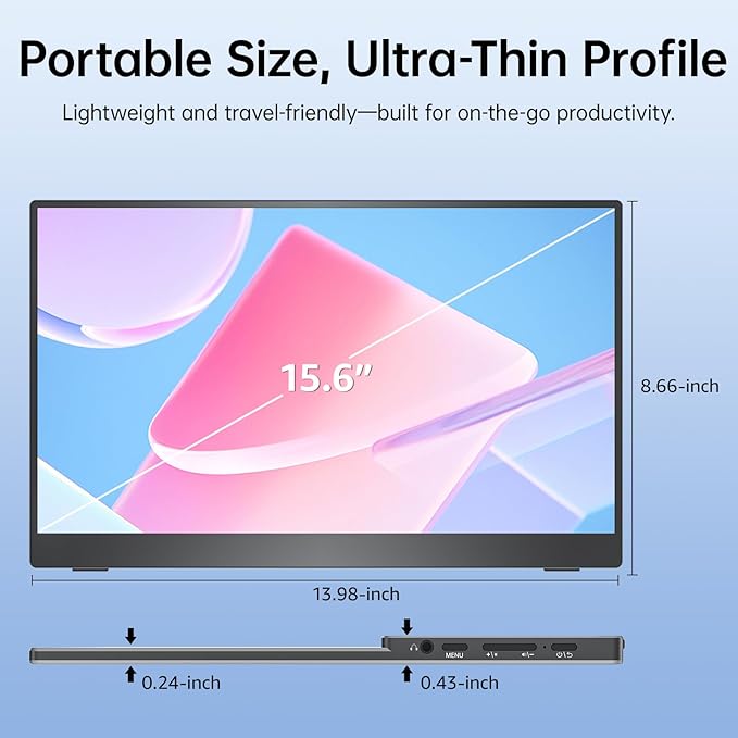 VisionOwl Portable Monitor 15.6 Inch 1080P FHD 85% sRGB Second Screen, USB-C HDMI HDR FreeSync Travel Monitor for Laptop MacBook PC PS5 Xbox, VESA Mountable, with Speakers, Cover Stand, Black