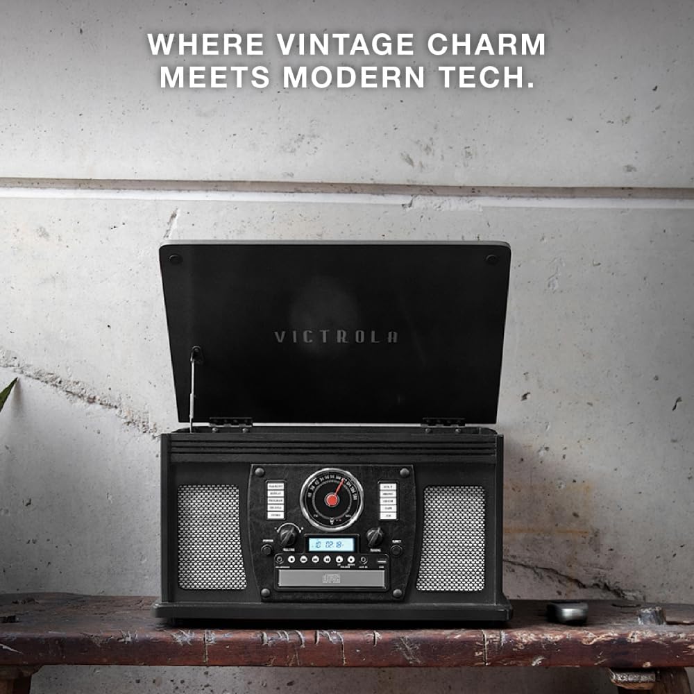 Victrola Navigator 8-in-1 Bluetooth Record Player with Built-in Speakers– 3 Speed Turntable, CD Player, Cassette, FM Radio, USB, RCA Out, Headphone Jack, Wireless Music Streaming, Real Wood (Mahogany)