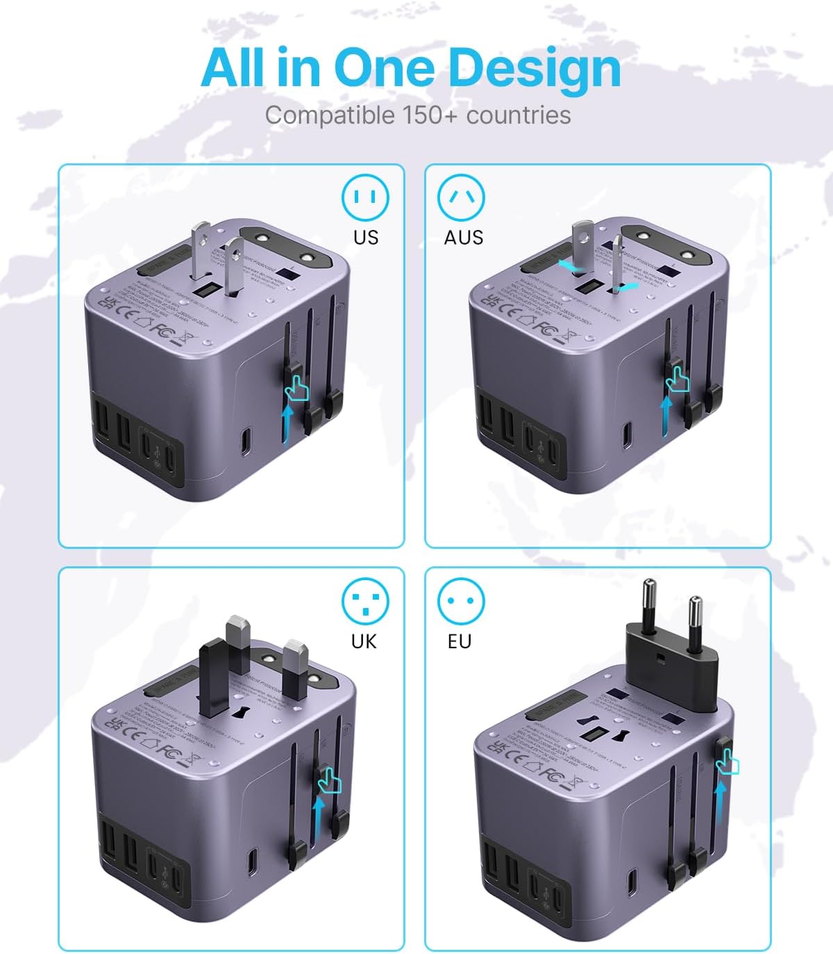 Universal Travel Adapter, VINTAR International Power Adapter with 6A 3 USB C and 2 USB Ports, All in One Travel Essentials Plug Adapter, Worldwide Outlet Converter for Europe UK USA AUS(Type C/G/A/I)