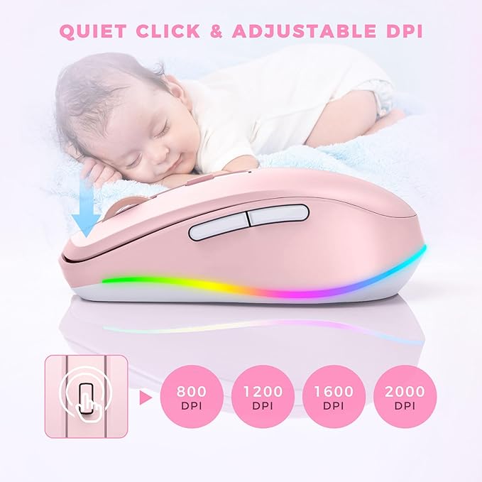 PEIOUS Mouse for Laptop, Wireless Mouse Jiggler - LED Wireless Mice with Build-in Mouse Jiggler Mover, Rechargeable Moving Mouse for Laptop Undetectable Keeps Computer Awake - Pink