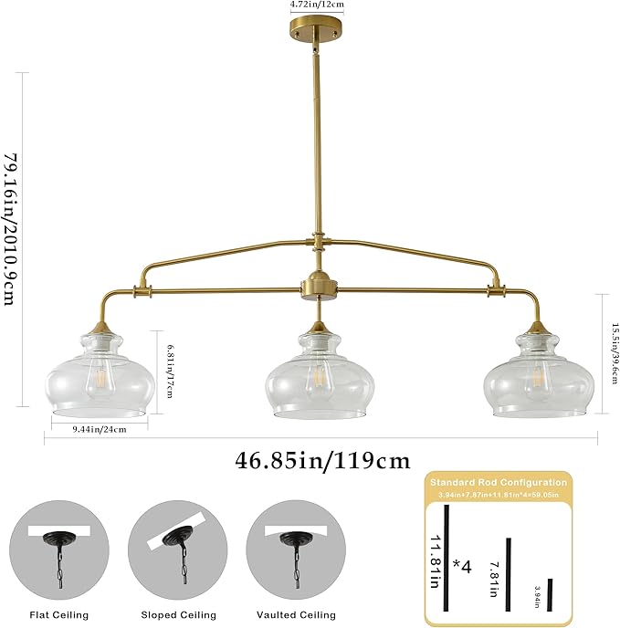 Industrial Modern 3 Light Chandelier Gold Rustic Linear Pendant Light Minimalist Country Luxury Chandeliers Adjustable Height with Glass Lampshade for Dining Room Island Living Room Foyer (3 Light)