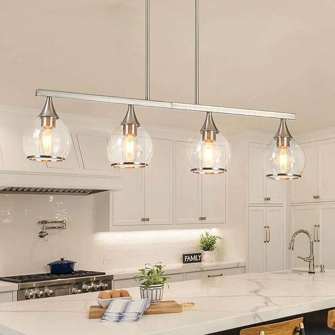 Island Light for Kitchen, 4-Light Brushed Nickel Island Pendant Lighting with Clear Round Glass Shades for Kitchen, Dining Table, Living Room