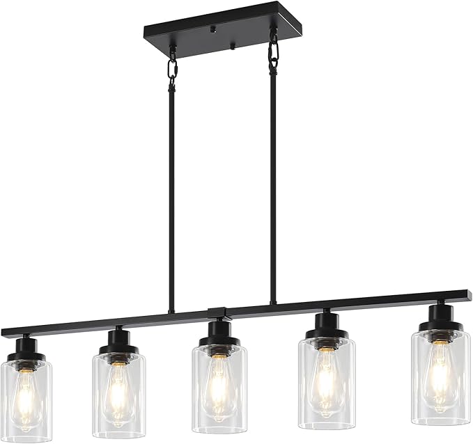 Modern Island Lights for Kitchen Black Dining Room Light Fixtures Over Table 5-Light Farmhouse Linear Chandelier Adjustable Hanging Kitchen Lights Ceiling Clear Glass Pendant Lighting Over Island