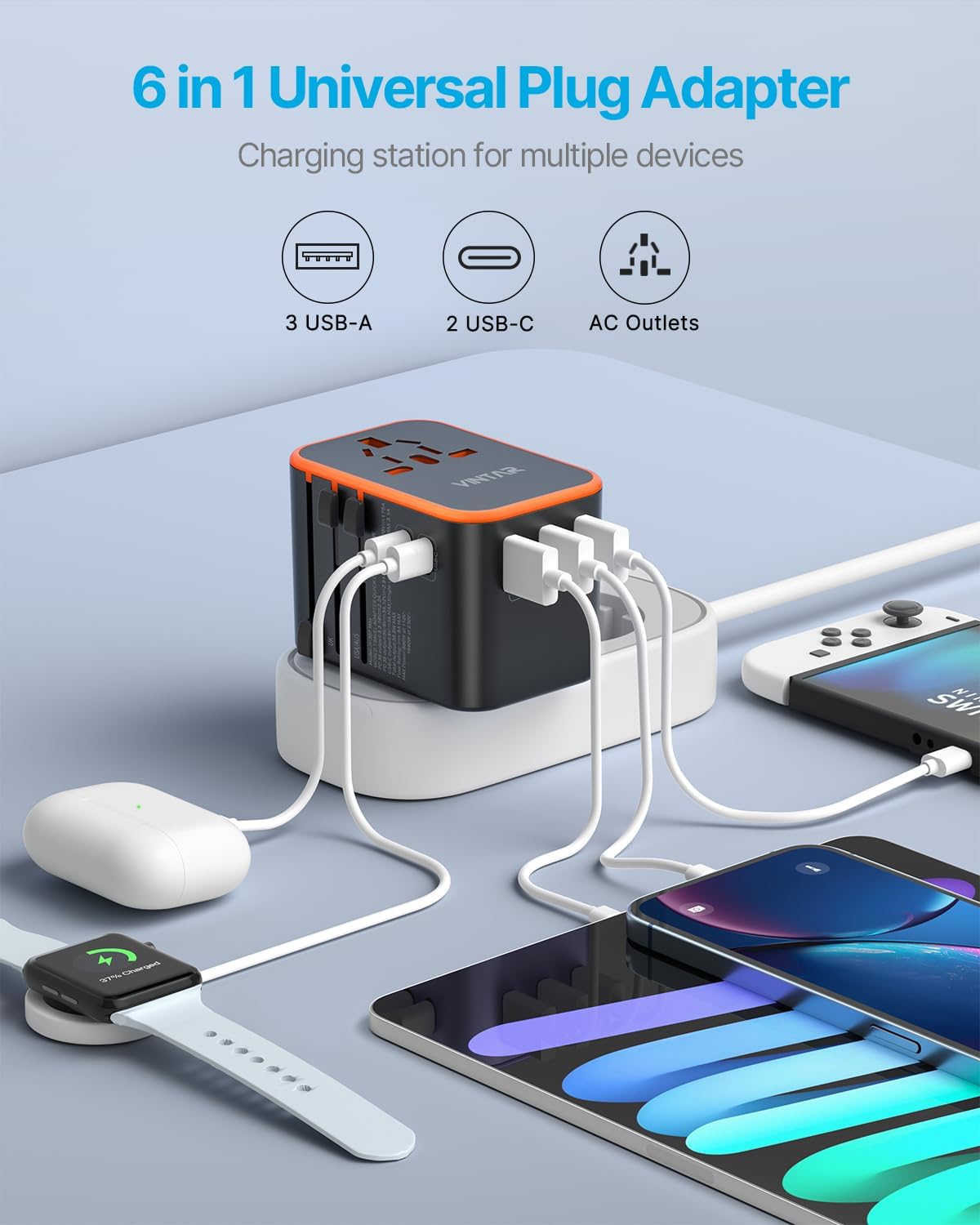 Universal Travel Adapter, VINTAR 35.5W International Power Adapter with 3 USB A QC and 2 USB C PD, All in One Plug Adapter Worldwide Travel Essentials for EU/UK/USA/AUS(Type C/G/A/I), Orange