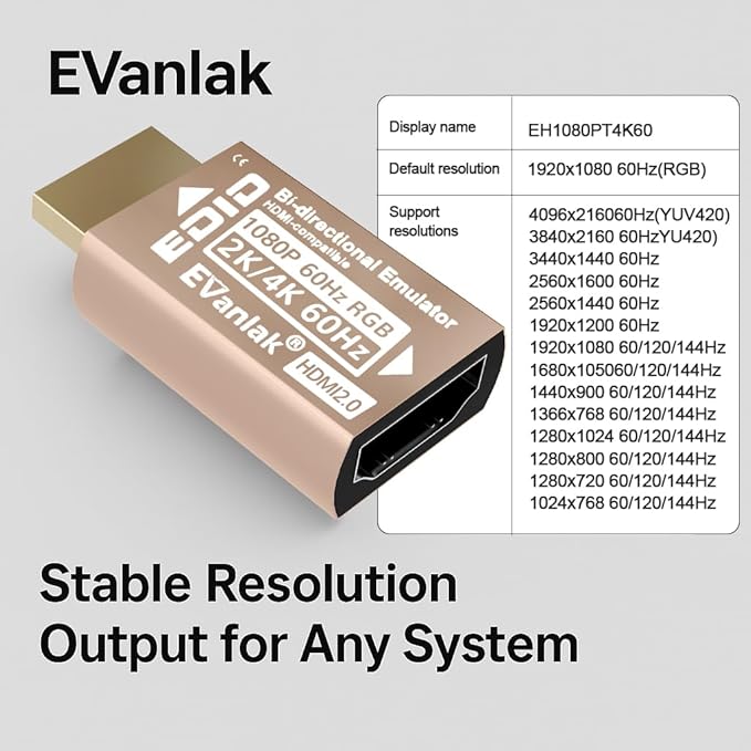 EVanlak HDMI EDID Emulator Adapter Dummy Plug, Virtual Display Headless Ghost HDMI Passthrough 1080P@60Hz to 4K@60Hz, Bi-Directional, Gold -1P