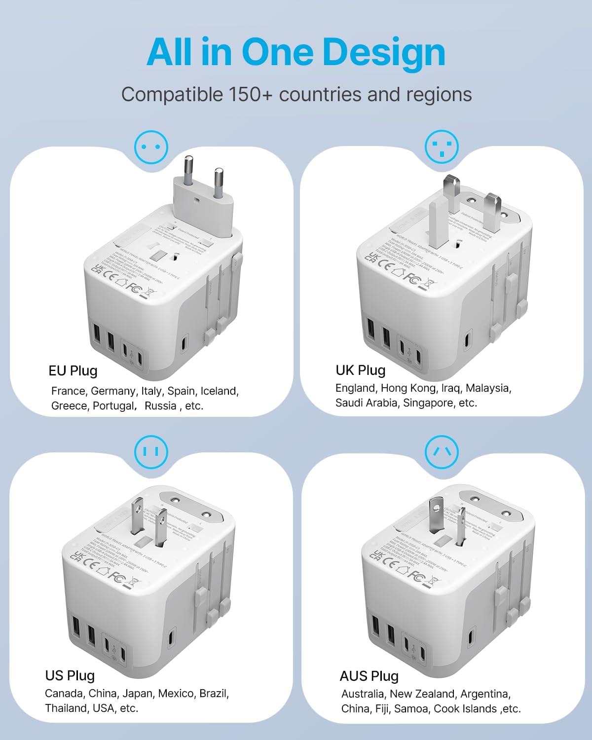 Universal Travel Adapter, VINTAR International Power Adapter with 6A 3 USB C and 2 USB Ports, All in One Travel Essentials Plug Adapter, Worldwide Outlet Converter for Europe UK AUS USA(Type A/C/G/I)