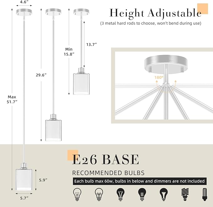 Pendant Light Kitchen Island Lighting 2 Pcs, Height Adjuatable Rod Clear Dual Glass - with 3 Color Temperatures Bulb & Remote Control, Farmhouse Hanging Lighting Fixture for Dining Room Bedroom