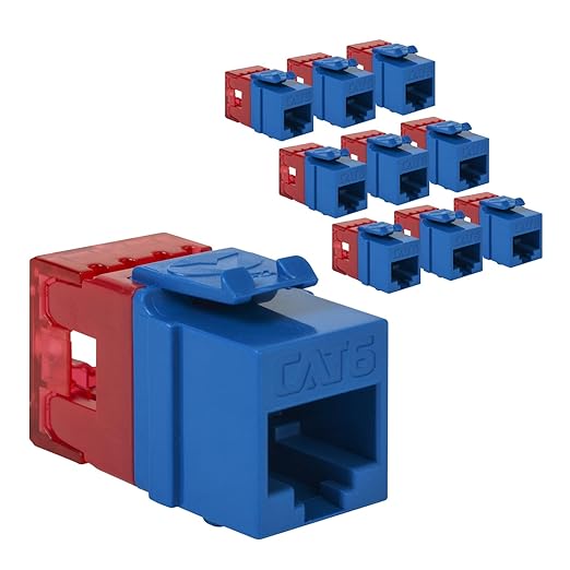 ICC CAT6 Keystone Jack with Slim Profile 180 Degree Punch Down, RJ45 UL Listed PoE++ TAA Compliant for Wall Plate or Patch Panel, Works with JackEasy Termination Tool, Blue 10 Pack