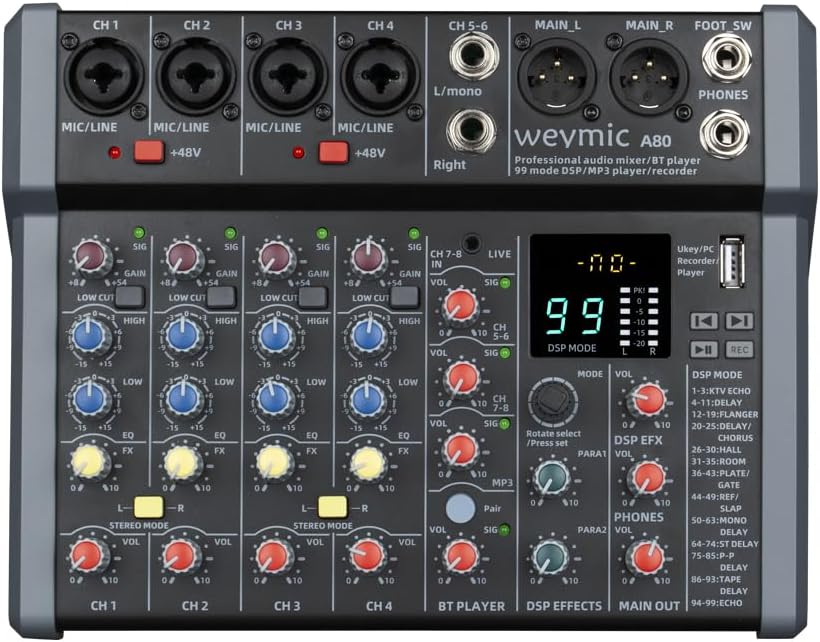 A-Series Professional Mixer for Recording DJ Stage Karaoke Music Application w/ 99 DSP Effect USB Drive for Computer Recording Input, XLR Microphone Jack, 48V Power for Professional (8-Channel)