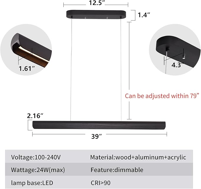 39inch Integrated Led Pendant Light,24w Dimmable Wood Linear Pendant Lighting,Led Modern Island Light with Black Finish,for Kitchen Island,Dining Room,Billiard & Pool Lights