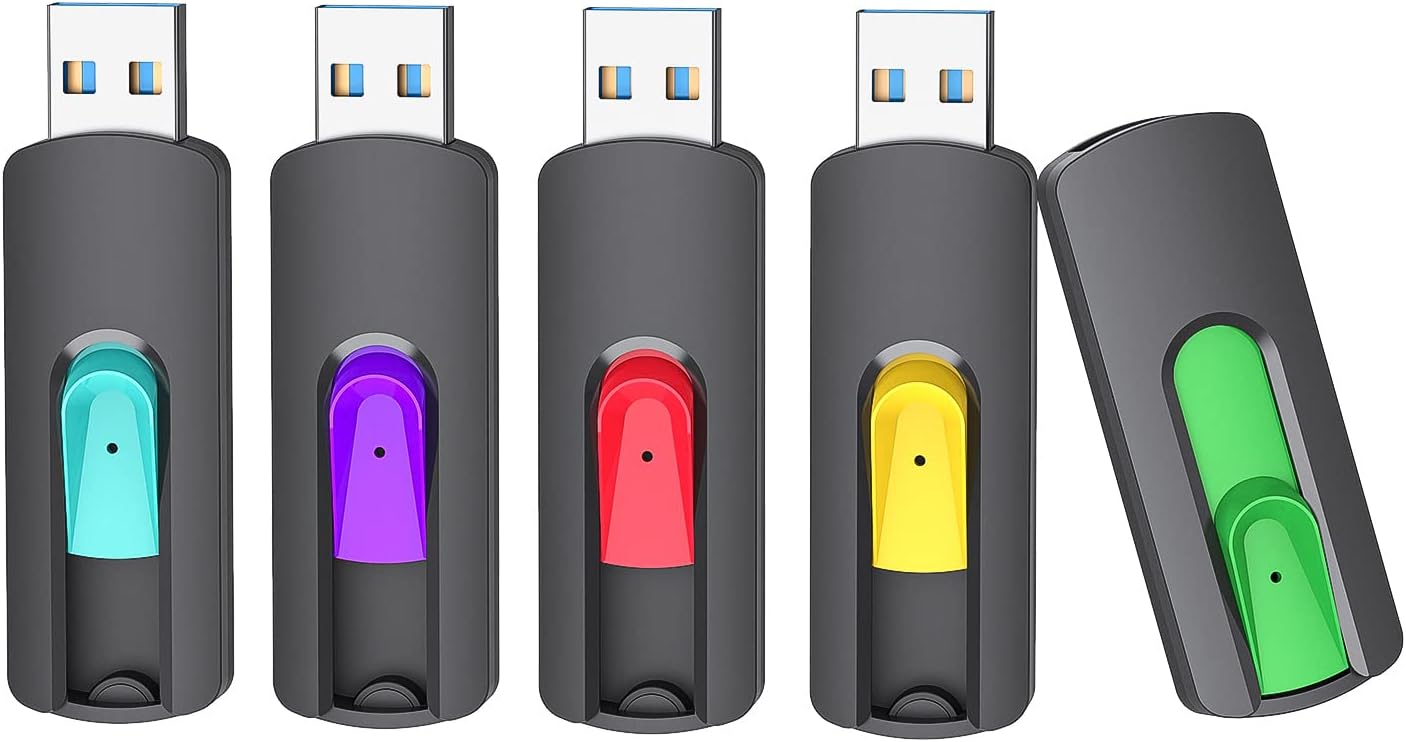 Aiibe 5 Pack 128GB Flash Drive 3.0, Upgraded 130MB/s USB 3.0 Flash Drive Retractable USB Drive Portable Thumb Drive Colorful Memory Stick Multi Pack (Cyan, Green, Purple, Red, Yellow)