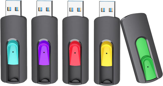 Aiibe 5 Pack 128GB Flash Drive 3.0, Upgraded 130MB/s USB 3.0 Flash Drive Retractable USB Drive Portable Thumb Drive Colorful Memory Stick Multi Pack (Cyan, Green, Purple, Red, Yellow)