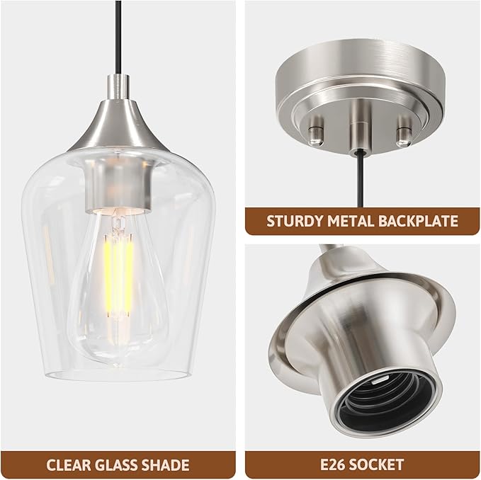 VONLUCE Pendant Lights Kitchen Island, Brushed Nickel Pendant Lighting for Kitchen Island with Hanging Cord for Bedroom & Hallway, Kitchen Island Lighting with Clear Glass Shade