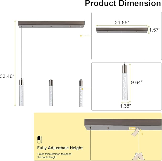 Modern Pendant Light with Adjustable Height - Brushed Nickel & Cylinder Island Lights, 3000-6000K Dimmable Kitchen Pendant Lighting for Kitchen Island, Dining Room, Bar Counter