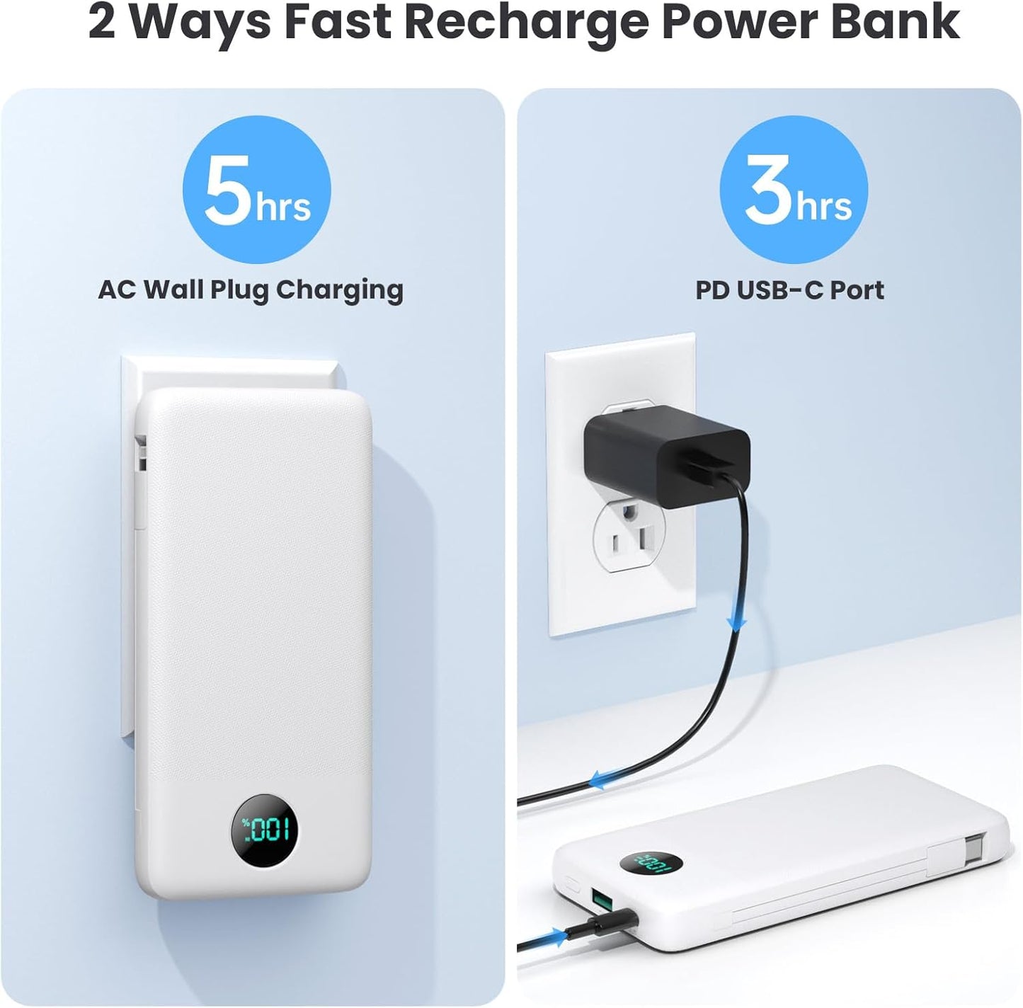 Portable Charger with Built-in Cables and AC Wall Plug 13800mAh,LCD Display Slim PD Fast USB C Power Bank,4 Outputs Travel Essentials Battery Pack Compatible with iPhone,Samsung,All Smart Phones-White