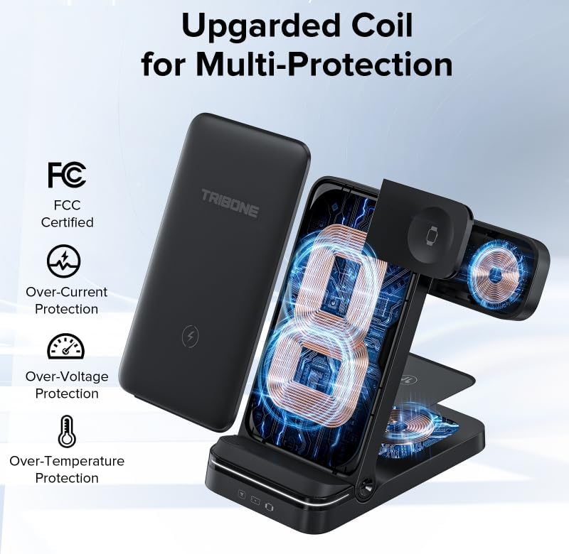 Wireless Charger, Tribone 3 in 1 Foldable Fast Charger for iPhone 16 15 14 13 12 11 Pro Max XR XS 8 Plus,for Multiple Devices，for Apple Watch 10 9 8 7 6 5 4 3 2 SE Ultra,for AirPods Pro 4 3 2, Black