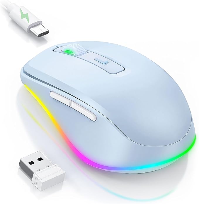 PEIOUS Wireless Mouse Jiggler - LED Wireless Mice with Build-in Mouse Mover, Rechargeable Moving Mouse for Laptop with Undetectable Random Movement Keeps Computers Awake - Light Blue