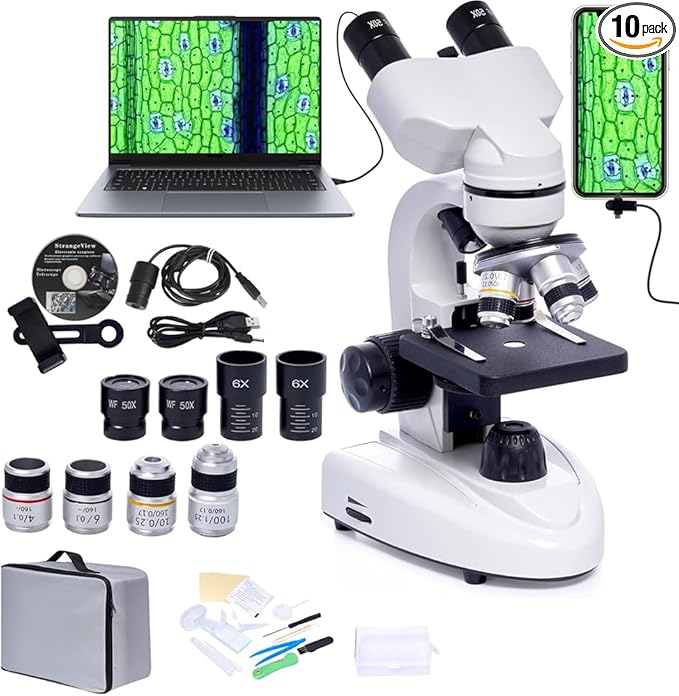 SELFIE CAT Laboratory Binocular Microscopes for Adult, 200X-5,000X Compound Biological Compound Microscope with 6X Multiplier, Electronic Eyepieces & Phone Adapter for Students, Adults, Beginners