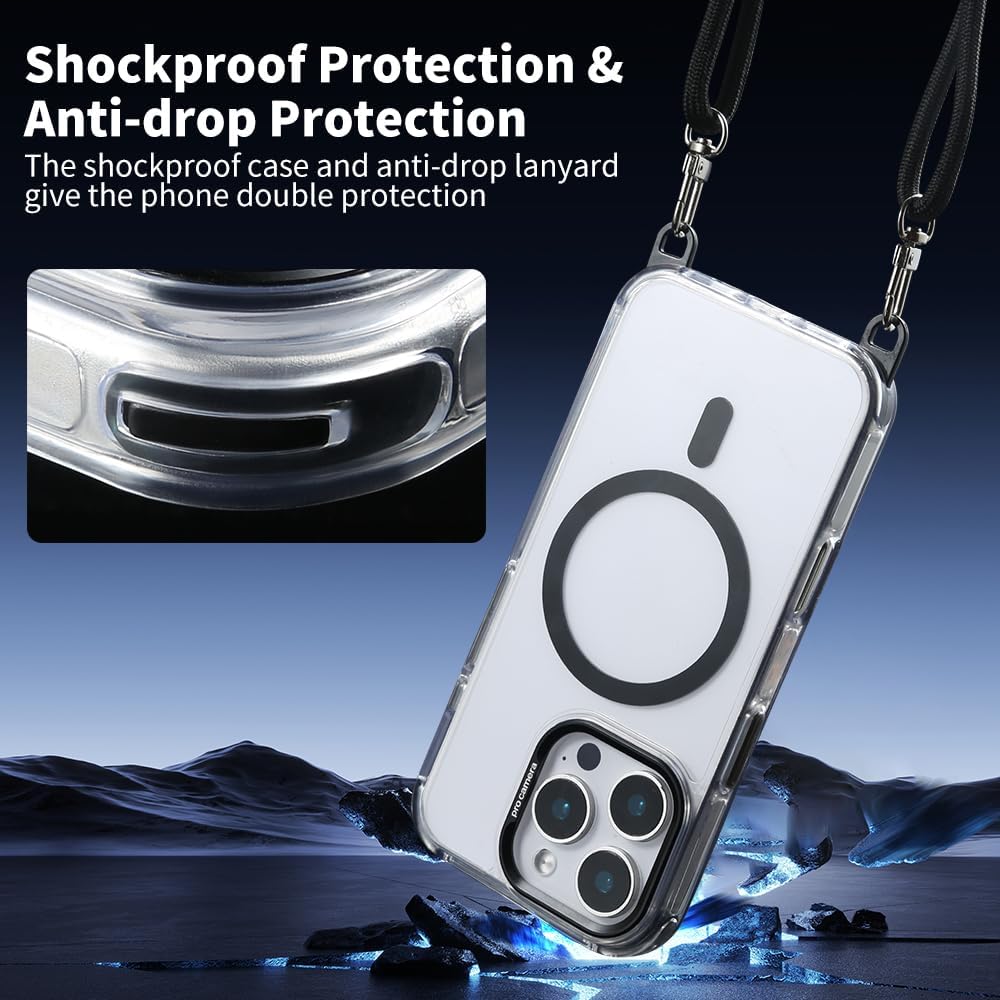 for iPhone 16 Pro Max Case with 62.99 inch Lanyard, Classic Clear&Black Magnetic Phone Case, Drop&Shockproof Protection Cases, Phone Holder Lanyard, Compatible with Magnet Accessory